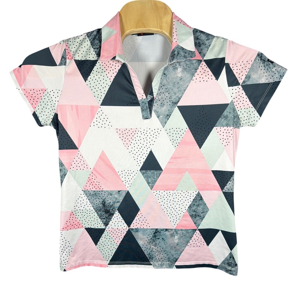 Yatta Golf Womens Pink Navy Geometric Triangle Performance Polo Shirt Large